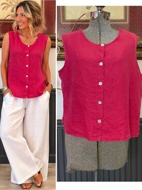 Bryn Walker Linen Sleeveless Button Front Top Raspberry Pink Made in USA~ M 💚🎀